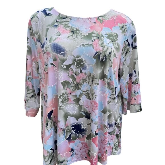 N Touch Embossed Floral Pullover Top‎ Womens 1X Multicolor 3/4 Sleeve Loose Fit - Picture 1 of 14